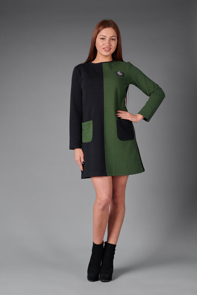 Фото товара 18201, двухцветное платье: черный и хаки